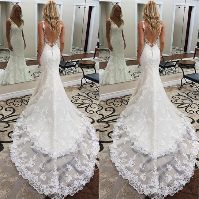 Designer-Brautkleid Meerjungfrau | Rückenfreie Brautkleider aus Spitze