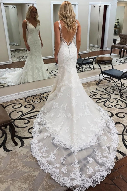 Designer-Brautkleid Meerjungfrau | Rückenfreie Brautkleider aus Spitze