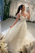 Abito da sposa bianco a linea ad A con spalline sottili e senza maniche in tulle con pizzo