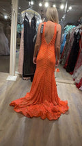 Sexy funkelndes Meerjungfrauen-Kleid mit V-Ausschnitt und Pailletten, langes Ballkleid, orangefarbenes Abendkleid Y1397