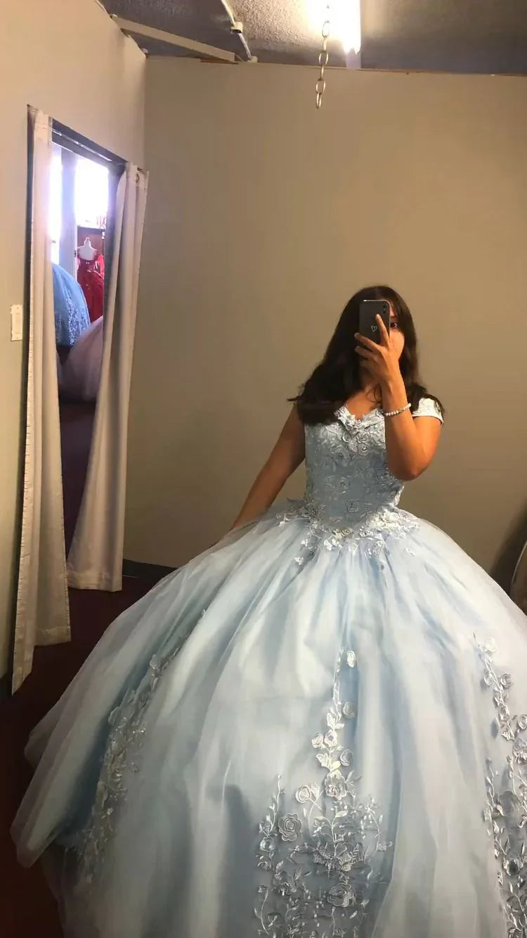 Schulterfreies blaues Kleid aus Tüll und Spitze für den 15. Geburtstag, blaues Ballkleid mit Puffärmeln, Kleid für den süßen 16. Geburtstag Y1499