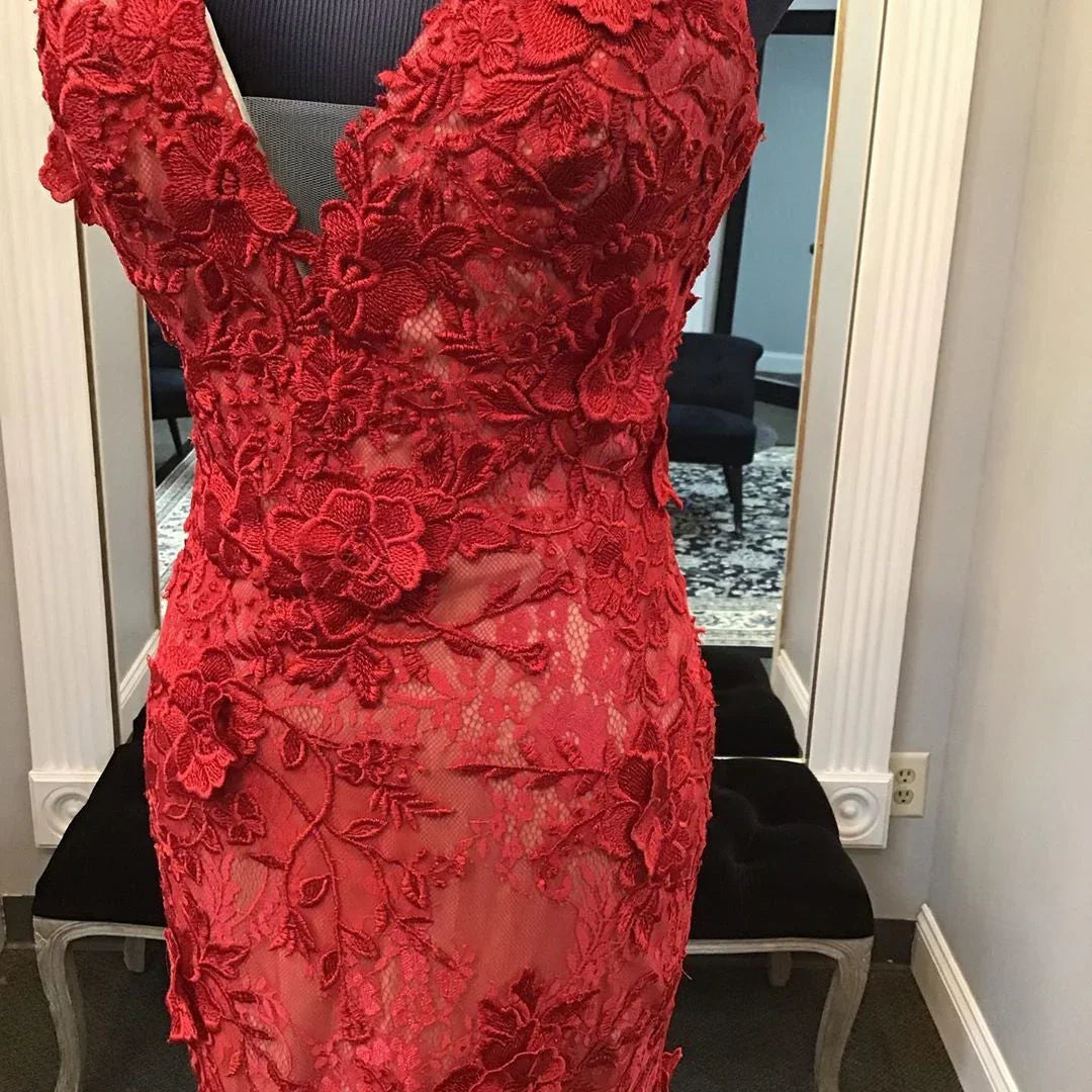 Red Handmade Lace Appliques Evening Dress,Mermaid/Trumpet V Neck Red Formal Gown Y1402