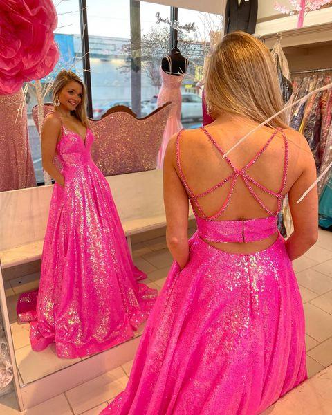 Funkelndes Ballkleid mit V-Ausschnitt, heißes Pink, lange Abschlussballrobe mit Perlenverzierung Y1483