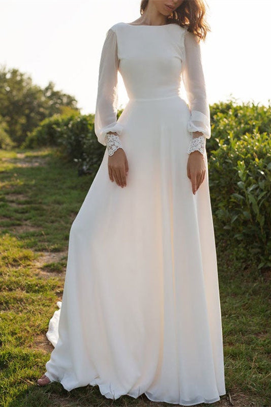 Elegant Long Sleeves Chiffon Backless Wedding Dress For Brides