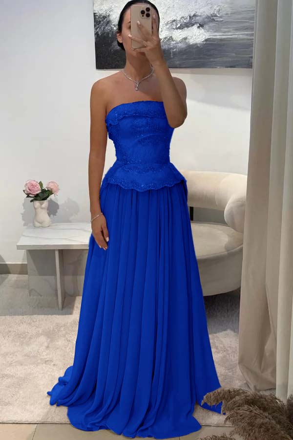 Chic Strapless Sleeveless Long Pleated Beaded Custom Prom Dress