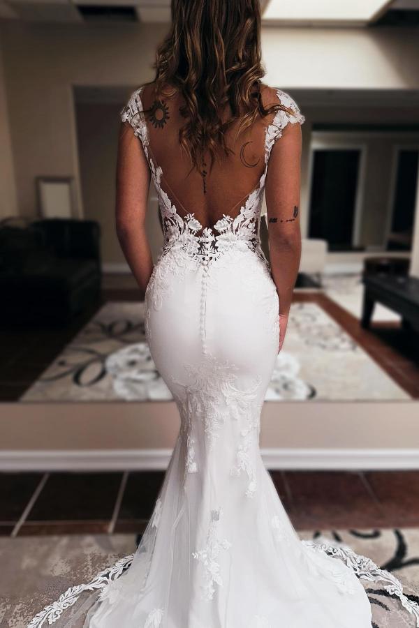 Bmbridal Satin Mermaid Wedding Dress Sleeveless Jewel Neck Chapel Train Lace