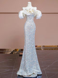 Vestido de Festa Formal Prateado de Lantejoulas com Contas de Sereia Luxuoso Y7614