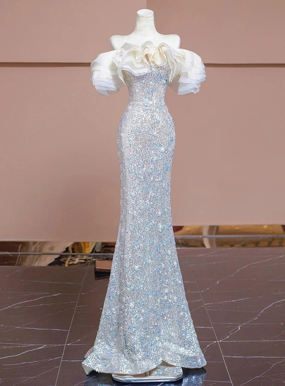 Vestido de fiesta formal de noche con lentejuelas plateadas de sirena de lujo y abalorios Y7614