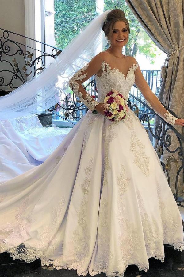 Charming Long Sleeves A Line Satin Wedding Dress With Sweetheart Neckline