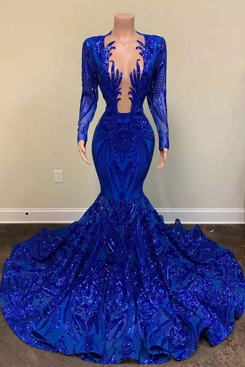 Abito da sera a sirena a maniche lunghe blu reale con applicazioni e perline