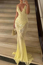 Robe longue fendue dos nu à encolure en V profond avec paillettes et ourmet en queue de poisson - Jaune