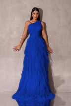 Chic One Shoulder Sleeveless Long Prom Dress With Tulle Ruffle