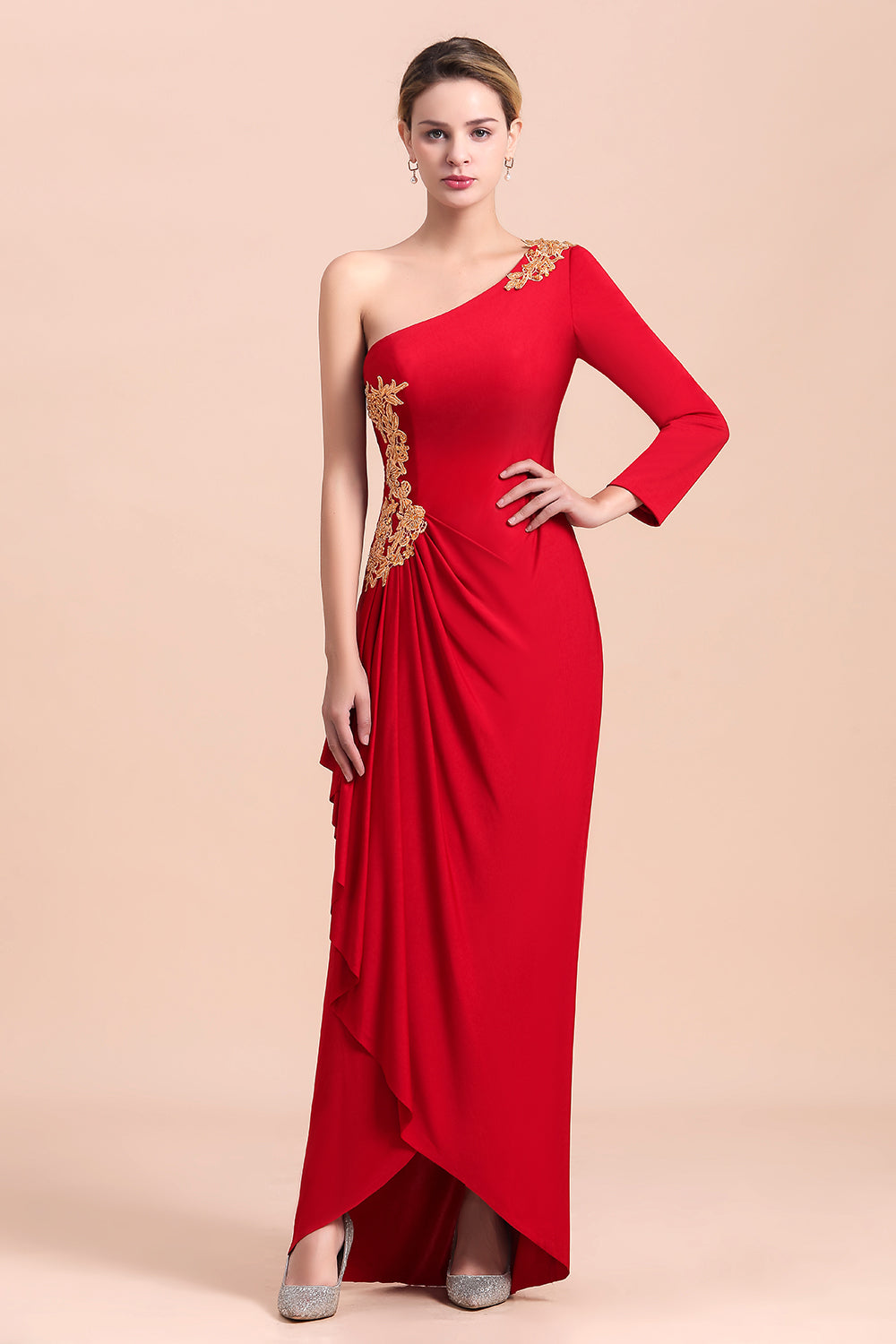 BMbridal Chic One-Shoulder Long Sleeves Ruffle Mother of Bride Dresses with Appliques