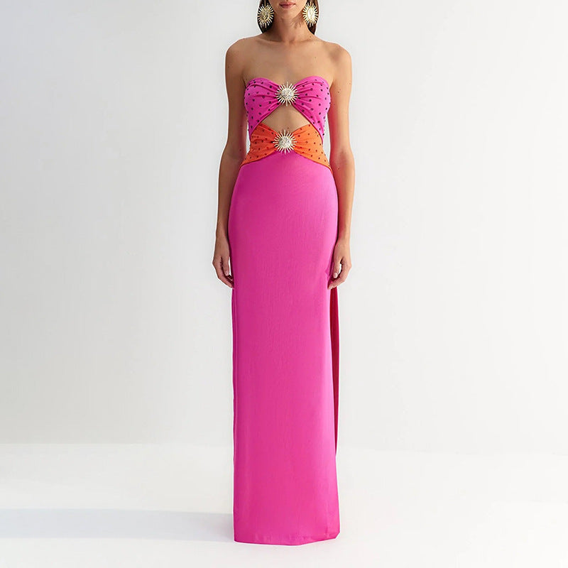 Abito da Prom senza Spalline con Scollo a Cuore e Motivo Girasole
