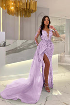 Shiny Blue Split Long Sleeves Mermaid Beaded Prom Dress With Appliques Tulle
