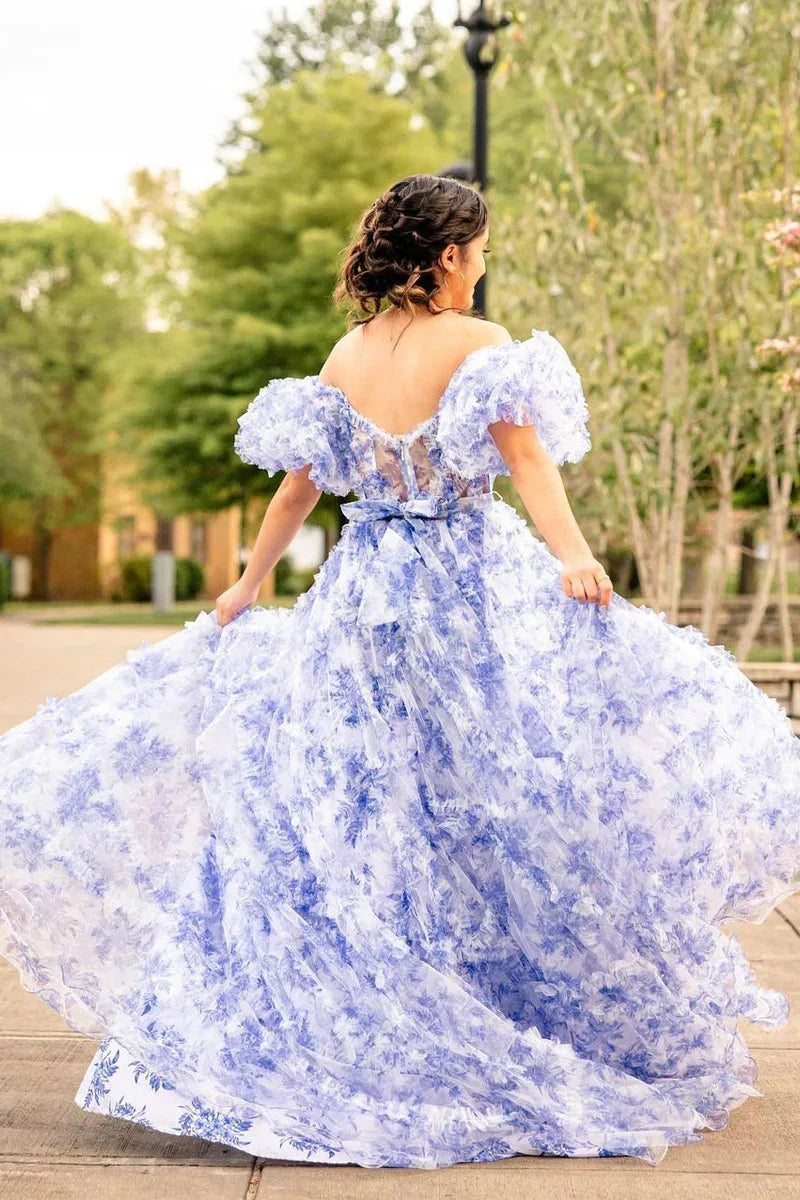 Sydney | Vestido largo de fiesta con escote corazón y falda en línea A de tul estampado