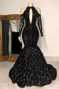 Robe de bal sirène longue jusqu'au sol, noire digne, à col licou, manches longues, en dentelle transparente ornée de perles