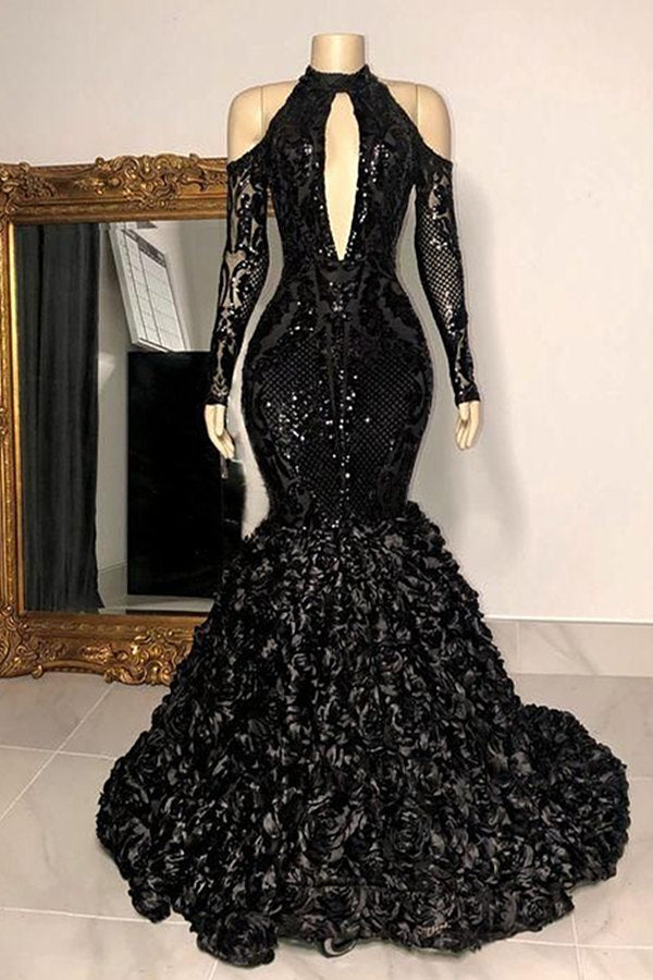 Robe de bal sirène longue jusqu'au sol, noire digne, à col licou, manches longues, en dentelle transparente ornée de perles