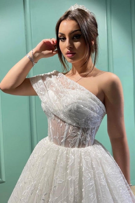 Dignified Transparent Lace One Shoulder Long Ball Gown Wedding Dresses