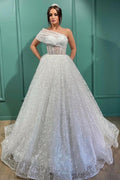 Dignified Transparent Lace One Shoulder Long Ball Gown Wedding Dresses