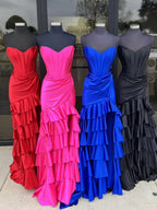 Diya | Mermaid Strapless Satin Ruffle Long Prom Dress With Split