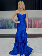 Diya | Mermaid Strapless Satin Ruffle Long Prom Dress With Split