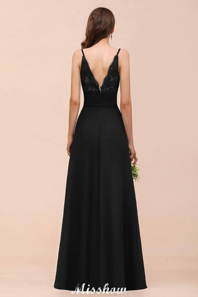 Doppeltes V-Ausschnitt Kleid mit vorderlichem Schlitz für Brautjungfern, festliches Kleid für Hochzeit, Schwarz