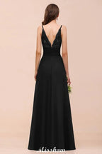 Doppeltes V-Ausschnitt Kleid mit vorderlichem Schlitz für Brautjungfern, festliches Kleid für Hochzeit, Schwarz