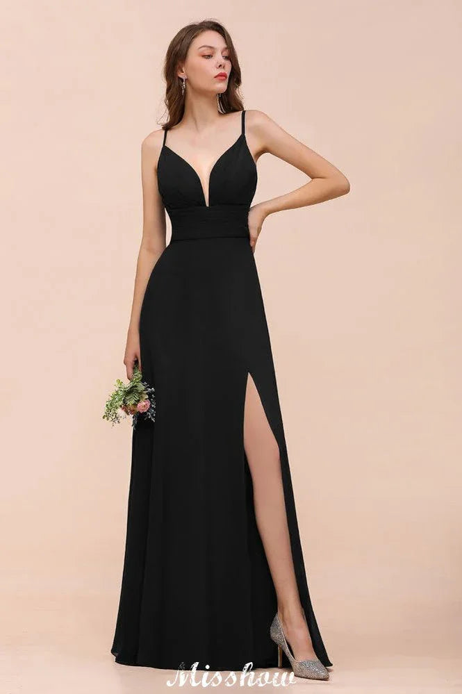 Doppeltes V-Ausschnitt Kleid mit vorderlichem Schlitz für Brautjungfern, festliches Kleid für Hochzeit, Schwarz