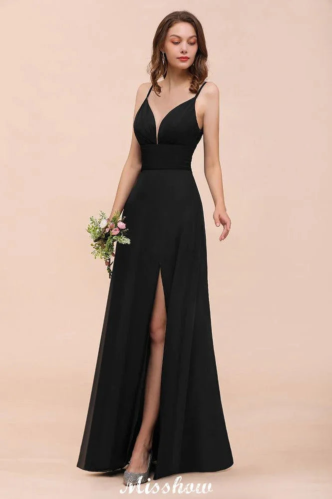 Doppeltes V-Ausschnitt Kleid mit vorderlichem Schlitz für Brautjungfern, festliches Kleid für Hochzeit, Schwarz