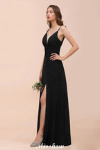 Doppeltes V-Ausschnitt Kleid mit vorderlichem Schlitz für Brautjungfern, festliches Kleid für Hochzeit, Schwarz