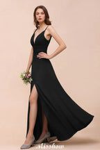Doppeltes V-Ausschnitt Kleid mit vorderlichem Schlitz für Brautjungfern, festliches Kleid für Hochzeit, Schwarz