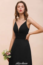 Doppeltes V-Ausschnitt Kleid mit vorderlichem Schlitz für Brautjungfern, festliches Kleid für Hochzeit, Schwarz