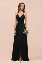 Doppeltes V-Ausschnitt Kleid mit vorderlichem Schlitz für Brautjungfern, festliches Kleid für Hochzeit, Schwarz