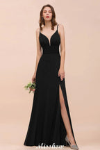 Doppeltes V-Ausschnitt Kleid mit vorderlichem Schlitz für Brautjungfern, festliches Kleid für Hochzeit, Schwarz