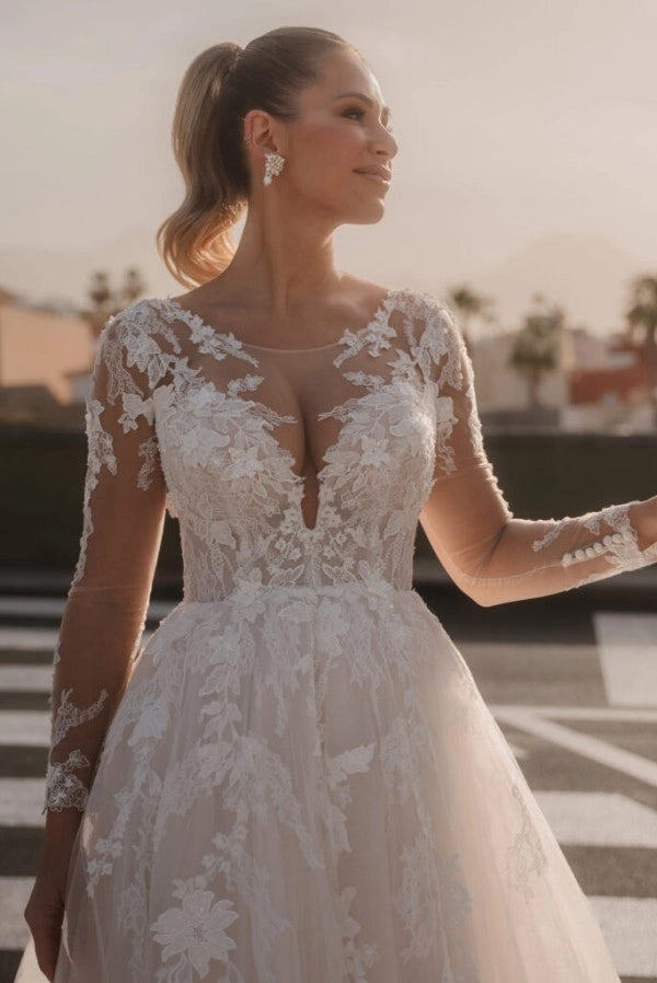 Ivory A Line Wedding Dress With Long Sleeves Appliques And Chapel Train