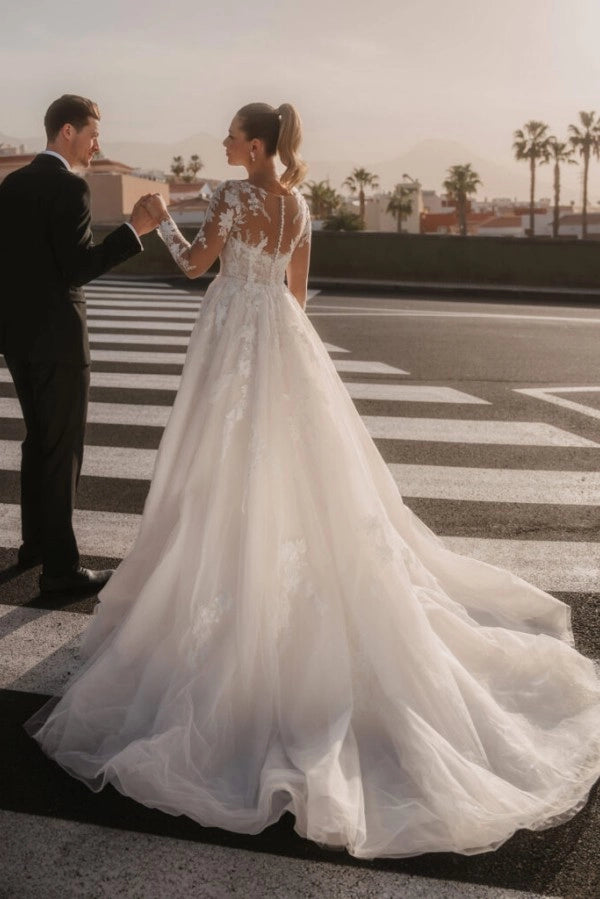 Ivory A Line Wedding Dress With Long Sleeves Appliques And Chapel Train