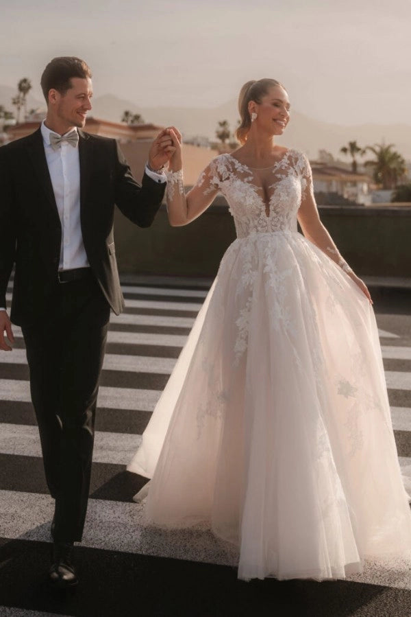 Ivory A Line Wedding Dress With Long Sleeves Appliques And Chapel Train