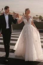 Ivory A Line Wedding Dress With Long Sleeves Appliques And Chapel Train