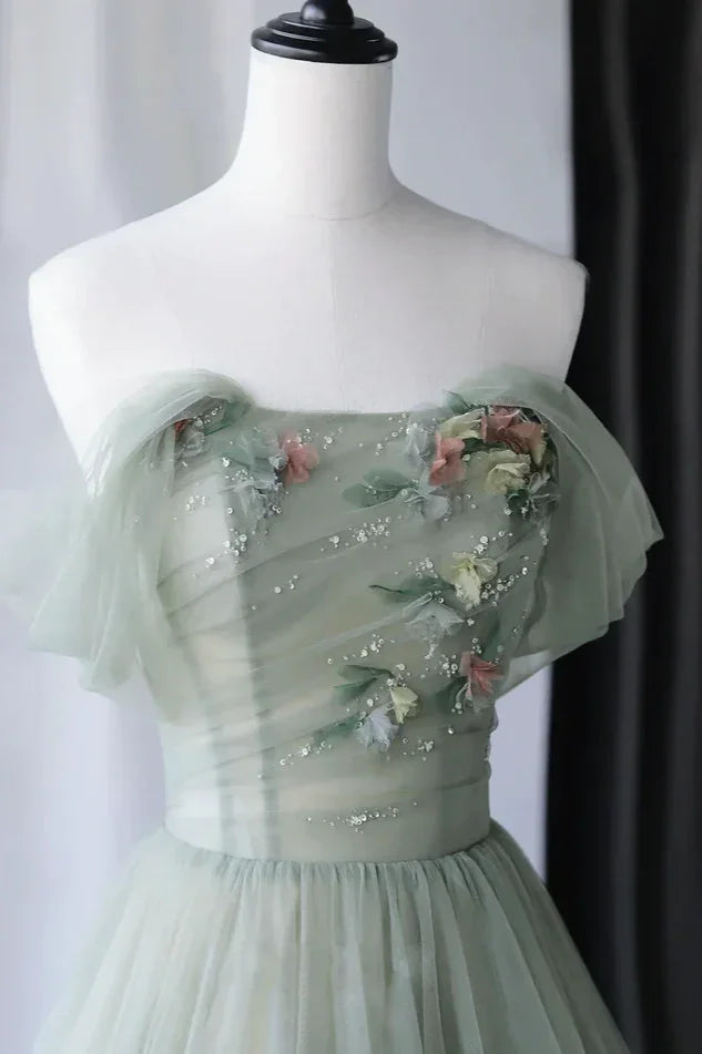 Drusilla | Princess Off the Shoulder Embroidering Tulle Sage Ball Gown