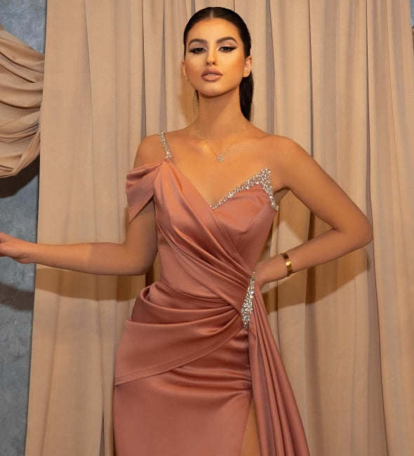 Robe de bal sirène longue à paillettes, fendue, rose poussiéreux, à une épaule