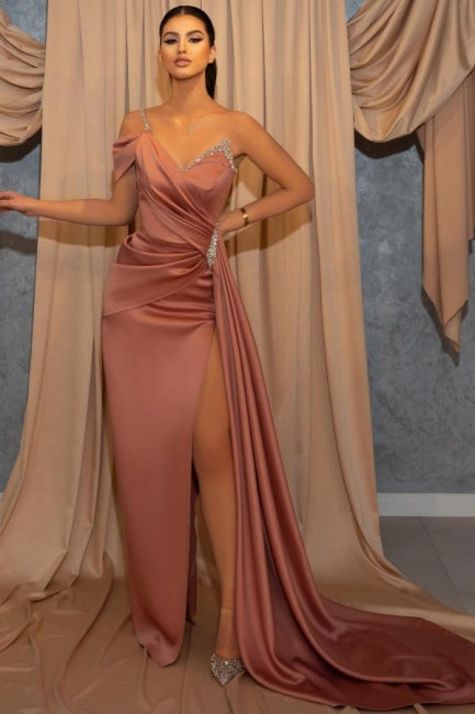 Robe de bal sirène longue à paillettes, fendue, rose poussiéreux, à une épaule