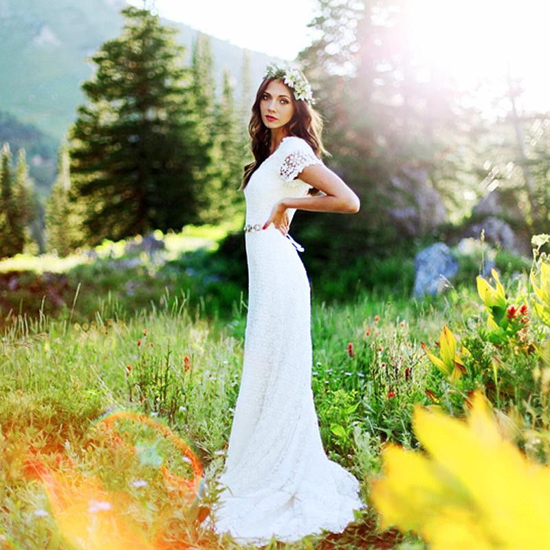 Bmbridal Short Sleeves Lace Boho Wedding Dress Zipper Back Floor Length On Sale