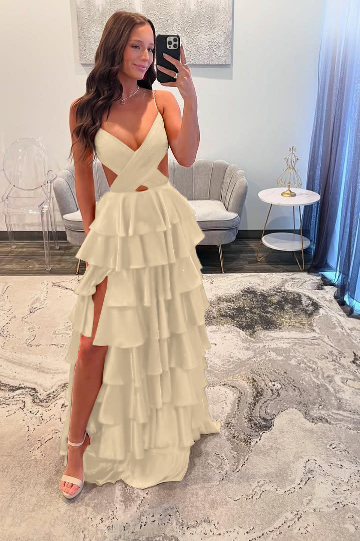 Spaghetti Strap Sleeveless Prom Dress With Ruffles And Long Split
