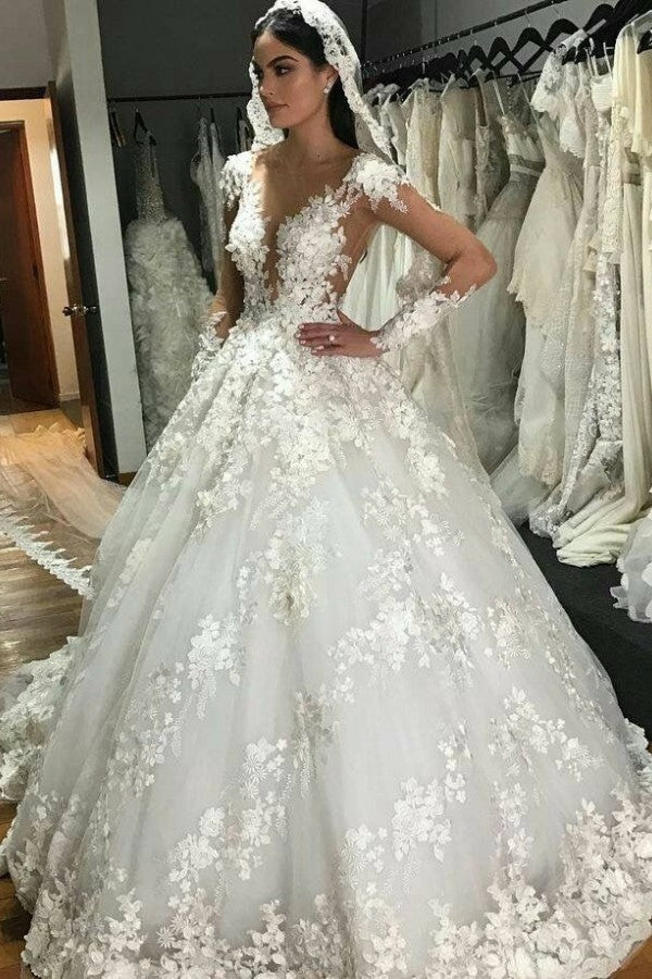 Modest Backless Floor Length Princess Wedding Dress With Lace Appliques