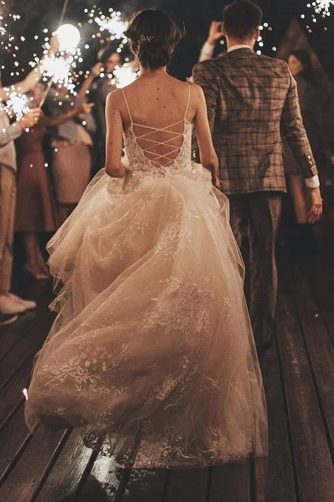 Romantic Long Tulle Lace Wedding Dress with Spaghetti Straps A Line V Neck