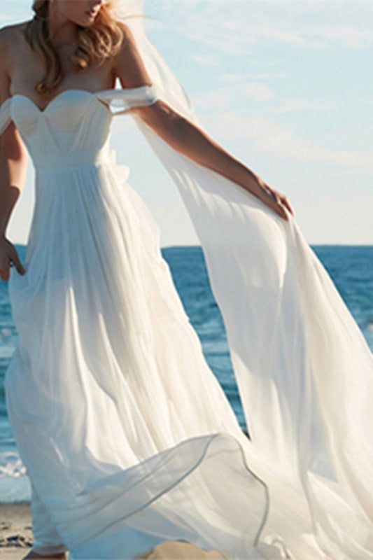 Off The Shoulder Wedding Dress Chiffon Elegant Romantic Bridal Gown