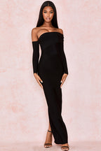 Elegante Abito da Sera Maxi Bandeau Spalla Scoperta con Spacco Posteriore - Nero