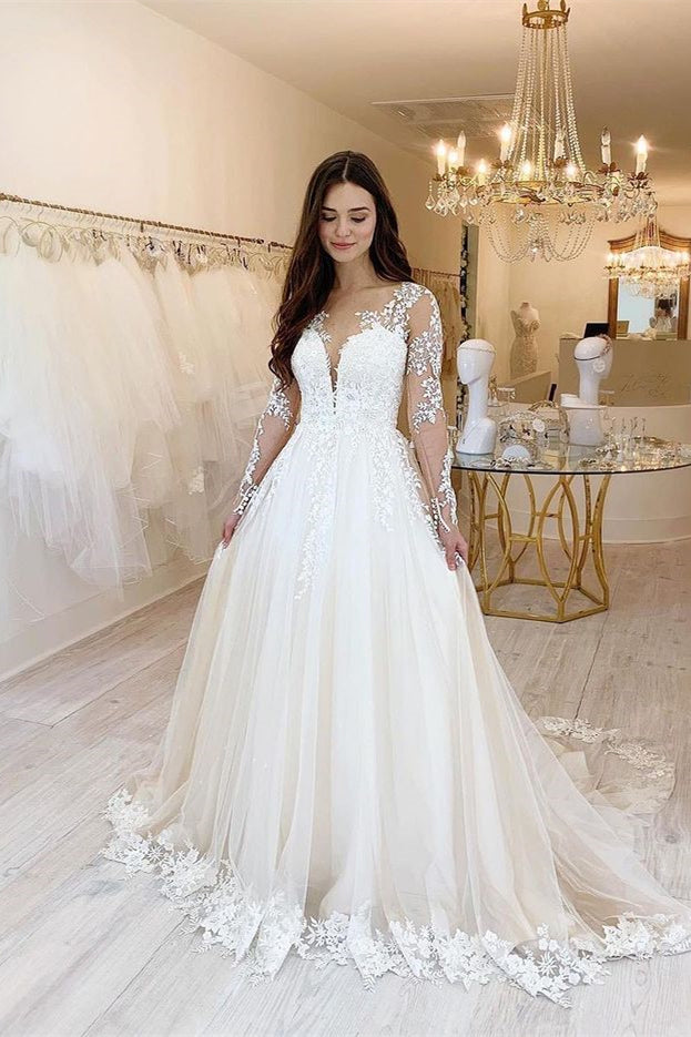 Sweetheart Tulle Long Sleeves Wedding Dress With Lace
