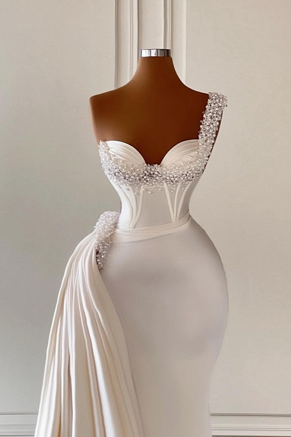 Bmbridal One Shoulder Mermaid Prom Dress Floor Length With Pearls Beading
